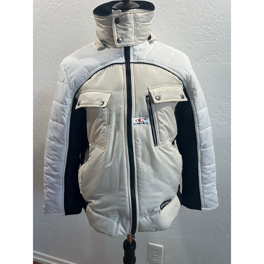 O’Neill Boys Large Winter Jacket Cream Black Zip Puffer Snow Coat
